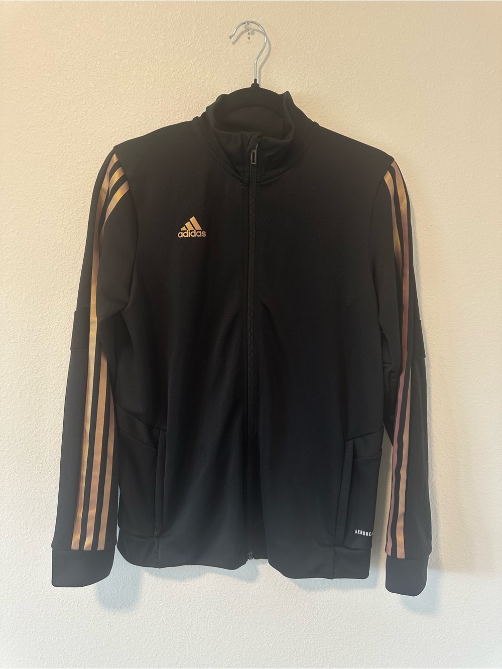 Adidas Women’s AeroReady Black Track Jacket with Rose / Gold Stripe